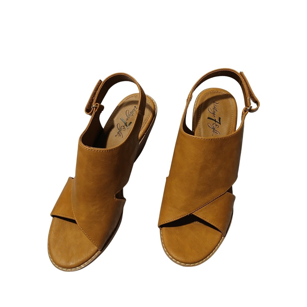 Vintage 7 Eight Women Tan Leather Cross Strap Wedge Slingback Sandals‎ Size 8.5